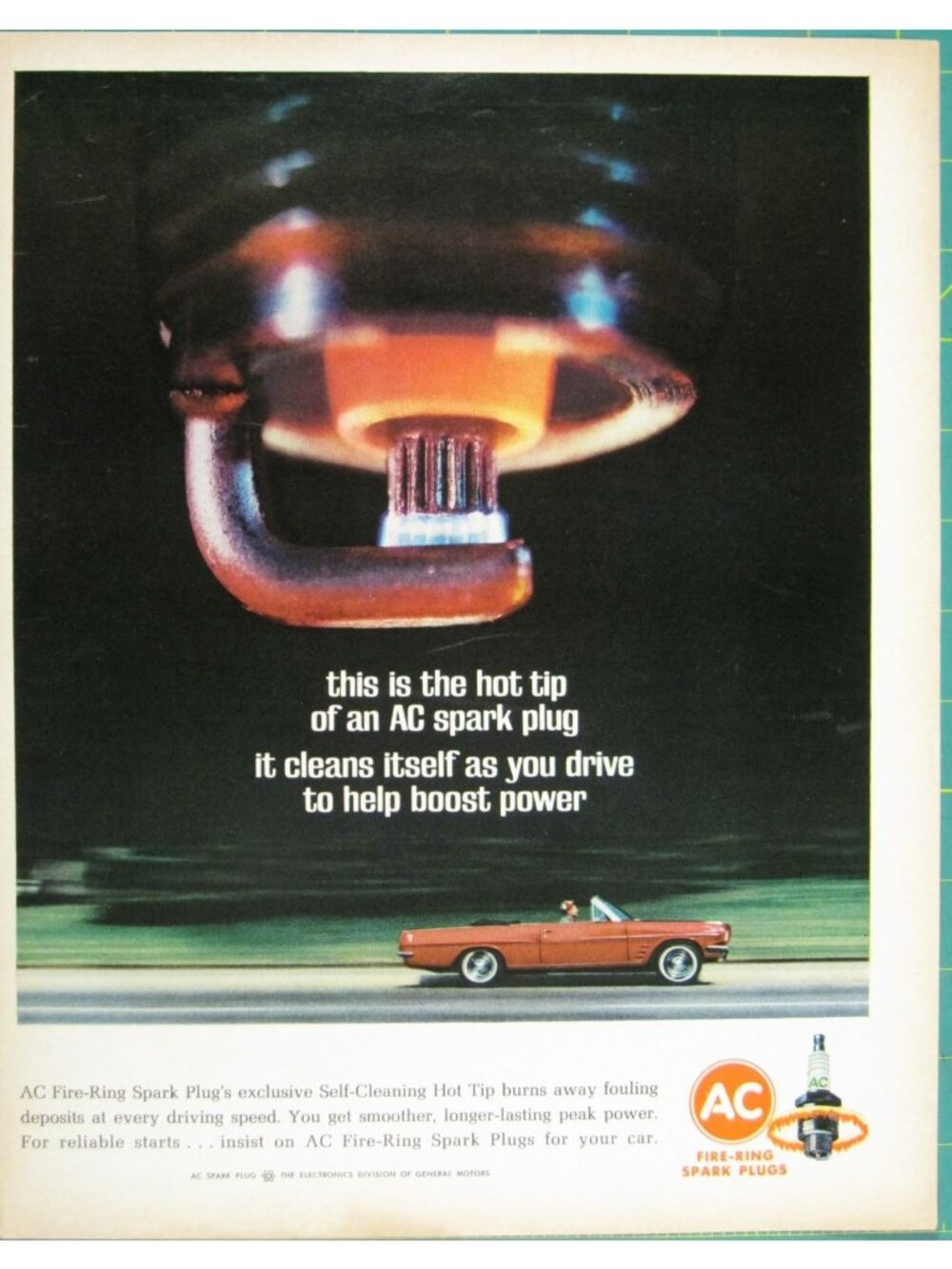 Print Ad AC Spark Plugs Boost Power Self-Cleaning Hot Tip Reliable Starts Vintag